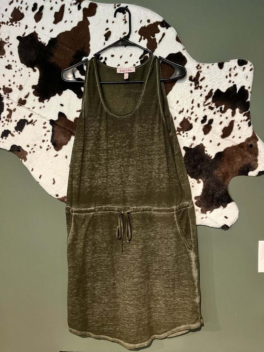 Harlow & Rose Olive Green Sleeveless Tank Dress with Drawstring Waist and Pocket
